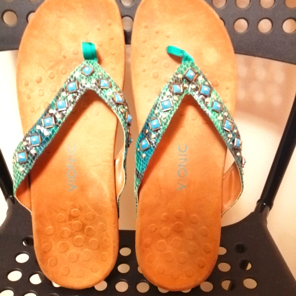 Vionic Floriana Teal Snake Sandal Thong Flipflop Size 12 / 44 EUR